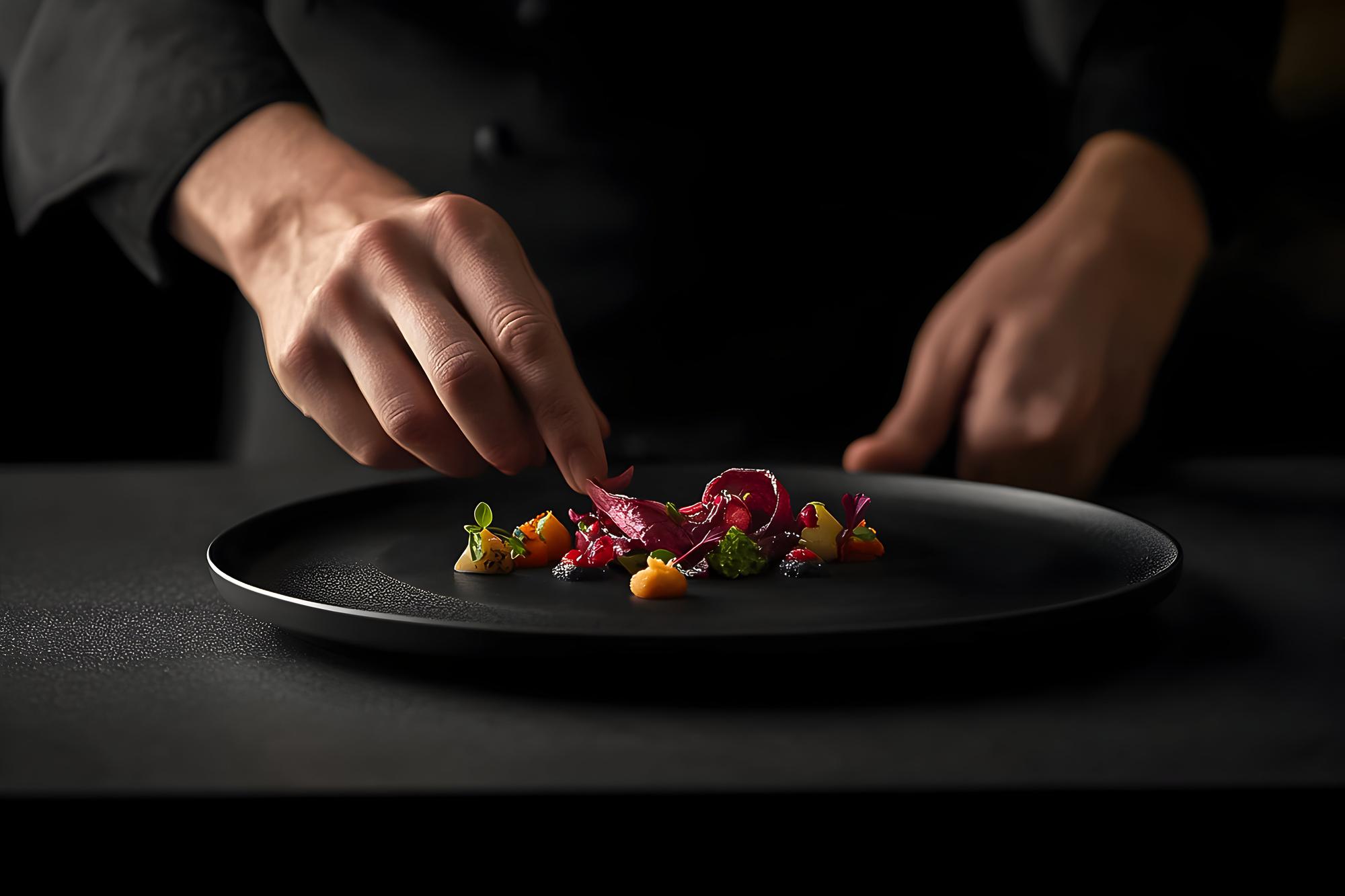 Elegant chef plating a dish on white plate